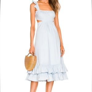 LIKELY blue midi dress with cut outs and ruffles